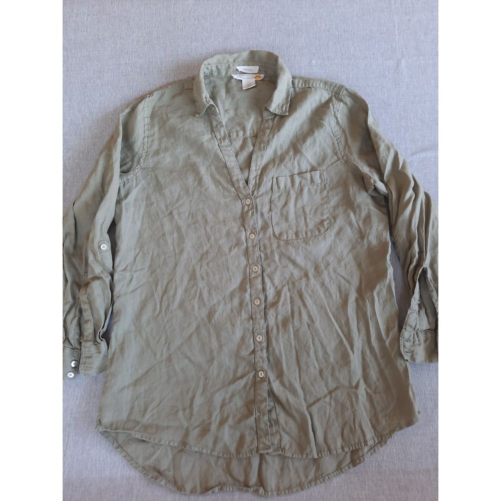 C&C California Women Small Blouse Pocket Button Shirt Military‎ Green Pure Linen